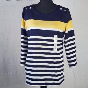 Croft & Barrow Navy Gold White Stripe Cotton Button Shoulder 3/4 Sleeve Top Sz L